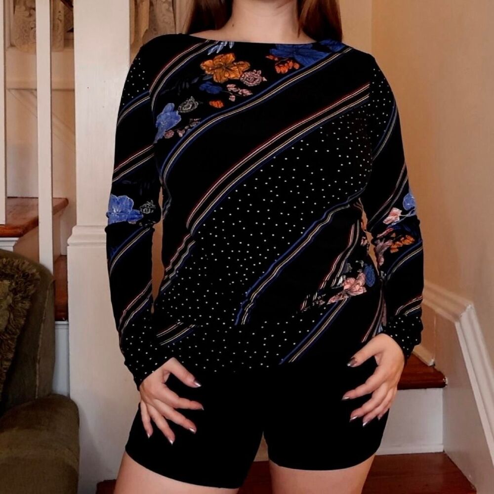 Striped Floral Long Sleeve Boatneck Sz Medium Euro Warehouse Whimsigoth Eclectic